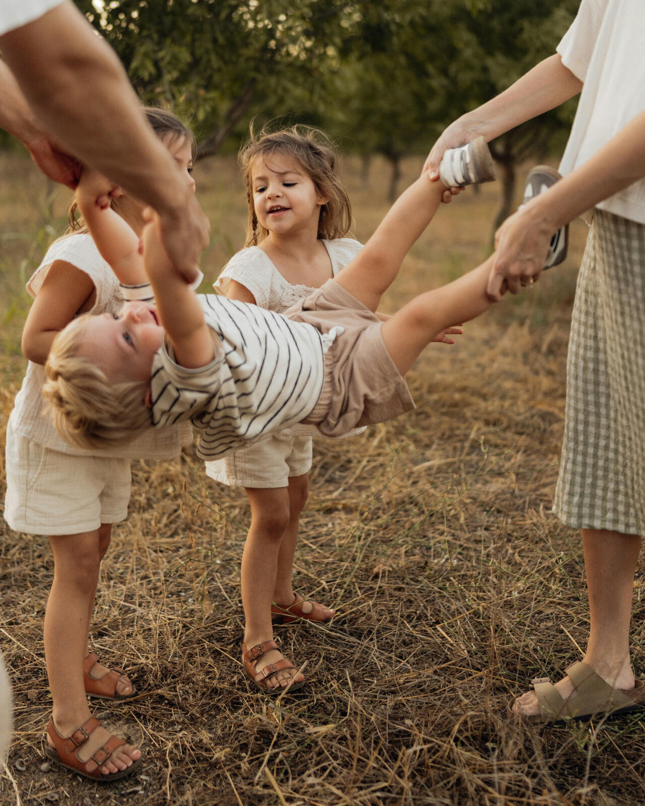 Children swinging a laughing toddler between them in a golden field